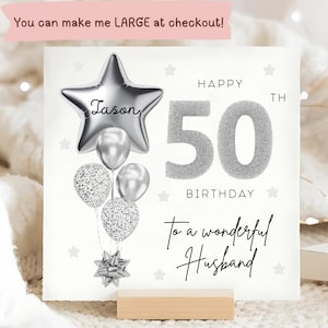 Husband 50th Birthday Personalised Card, Silver Grey Balloon Card, Husband is 50, His Fiftieth Birthday Gift, Husband 50th Birthday Card