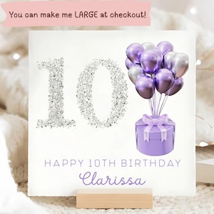Personalised 10th Birthday Silver Glitter Card, Female 10th Birthday Card, Little Girl Tenth Birthday Card, She Is Ten Card, Purple Balloon