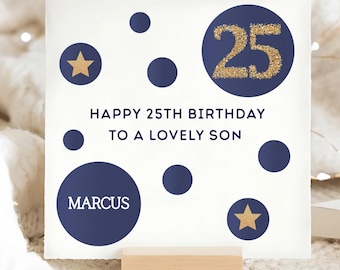 Son 25th Blue & Gold Birthday Card, Personalised Son 25 Birthday Card, Son Twenty-Fifth Birthday Card, Son Is 25 Gift, Lovely Son Birthday