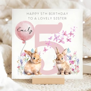 Sister 5th Birthday Personalised Card, Rabbit & Butterfly 5th Birthday Card, Personalised Sister Turns Five, Sister Is 5 Years Old