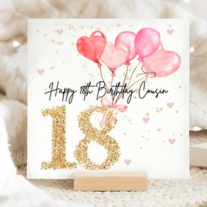 Cousin 18th Pink Balloon Birthday Card, Personalised Cousin 18 Birthday Card, Cousin Eighteenth, Female Cousin 18th Birthday Gift