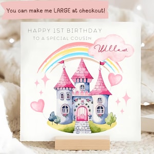 Carte de château de princesse pour 1er anniversaire de cousine, carte de premier anniversaire de cousine, carte personnalisée de 1er anniversaire de cousine, carte de princesse petite fille, 1 an