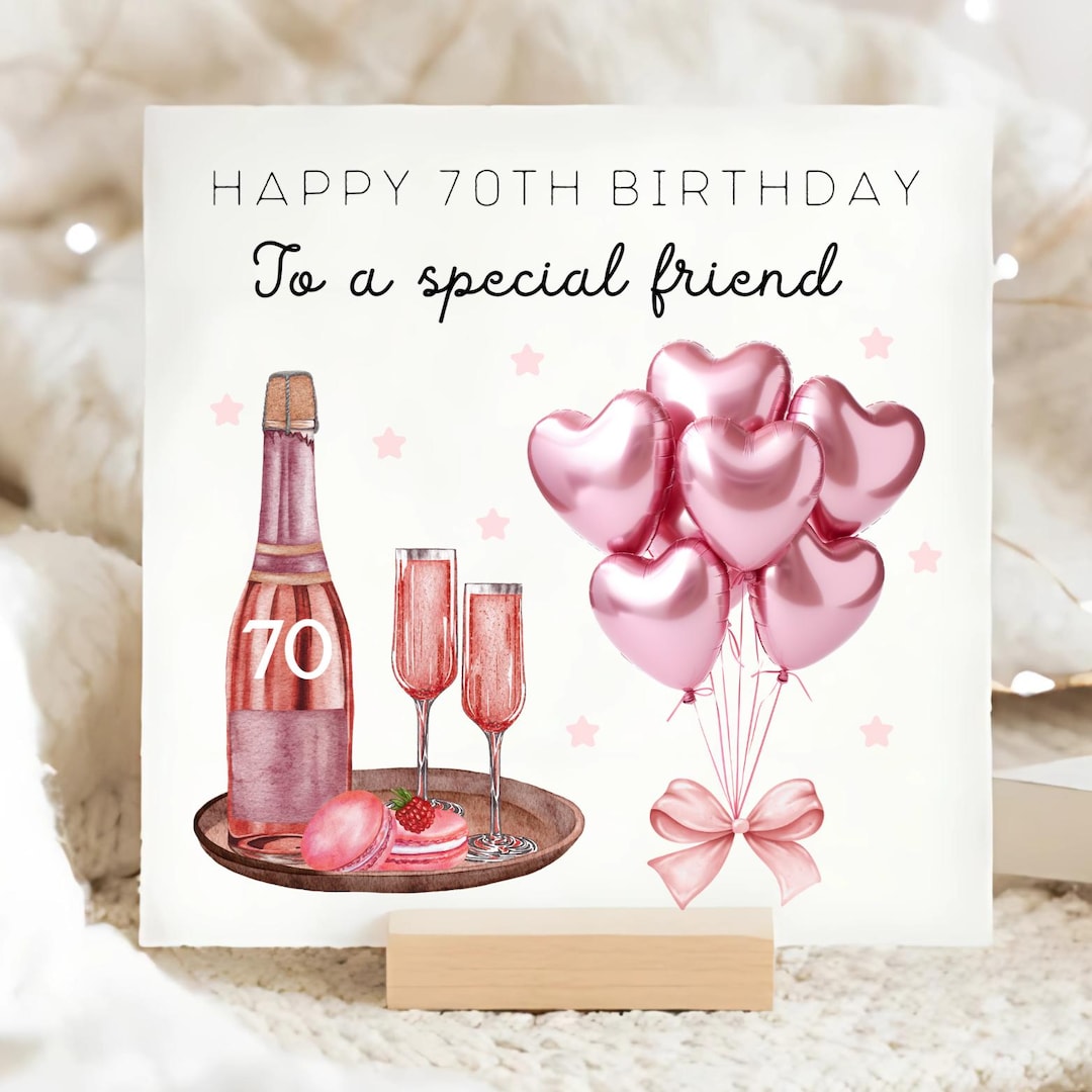 Friend 70th Pink Champagne Birthday Card, Personalised Friend Pink ...