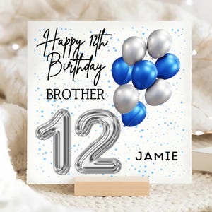 Carte d'anniversaire 12e anniversaire ballon frère, carte personnalisée pour garçon de 12 ans, frère fête ses douze ans, carte ballon aluminium bleu, cadeau pour frère