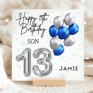 Carte de 13e anniversaire de fils, ballon, carte personnalisée de garçon de 13 ans, fils fête ses 13 ans, carte bleue ballon, cadeau pour fils, 13 ans