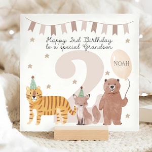 Grandson 2nd Tiger Fox & Bear Birthday Card, Grandson Baby Second Birthday Card, Personalised Grandson Is 2 Card, Grandson Baby Is Two Gift