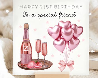 Tarjeta de cumpleaños rosa champán para amiga número 21, tarjeta de cumpleaños rosa personalizada para amiga, tarjeta para amiga que cumple 21, vigésimo primer cumpleaños rosa, mejor amiga