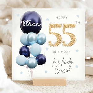 Cousin 55th Birthday Personalised Card, Blue Gold Balloon Card, Cousin is 55, Fifty-Fifth Birthday Gift, Cousin 55th Card, Male Cousin Card