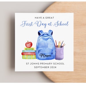 Carte personnalisée Premier jour dans une nouvelle école, sac à dos bleu, pour lui, fils, neveu, petit-fils, juniors, primaire, réception, crèche, bonne chance