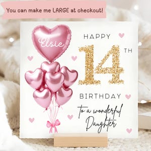 Daughter 14th Birthday Personalised Card, Pink Gold Balloon Card, Daughter is 14, Fourteenth Birthday Gift, Daughter 14th Birthday Card