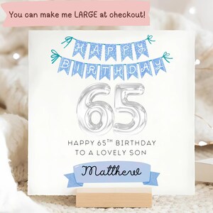 Carte d'anniversaire fils 65e bannière bleue, carte personnalisée fils de 65 ans, carte fils soixante-cinquième fils, 65e anniversaire de son fils, cadeau d'anniversaire fils, carte beau fils