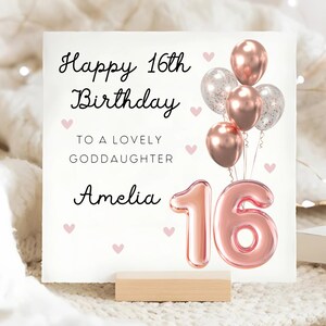 Carte d'anniversaire personnalisée pour filleule 16e, carte ballon en or rose pour 16e anniversaire, carte Sweet Sixteen pour filleule, seizième filleule