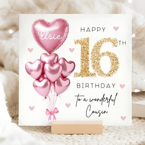 Cousin 16th Birthday Personalised Card, Pink Gold Balloon Card, Cousin is 16, Sixteenth Birthday Gift, Cousin 16th Birthday