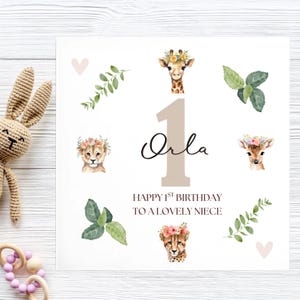 Niece 1st Animal Birthday Card, Personalised Niece First Card, Niece Is 1, Jungle Animal Flower Crown Card, Turning One