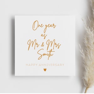 Carte personnalisée Mr et Mme Joyeux 1 an, cadeau pour vous deux, carte de mariage de 1 an, carte de 1er an, anniversaire de mariage, or