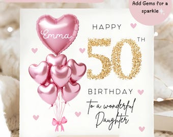 Daughter 50th Birthday Personalised Card, Pink Sparkle Balloon Card, Daughter is 50, Fiftieth Birthday Gift, Daughter Fifty Birthday Card