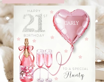 Aunty 21st Pink Champagne Birthday Card, Aunt Personalised 21st Card, Silver Pink Foil Balloon, Auntie Twenty-One Card, Aunt Birthday Card