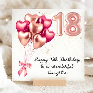 Carte d'anniversaire rose or rose pour fille 18 ans, carte d'anniversaire fille 18 ans personnalisée, carte fille ballon coeur, carte dix-huitième