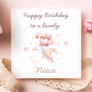 Carte d'anniversaire nièce lapin ballon, belle carte d'anniversaire nièce, carte d'anniversaire bébé nièce, carte d'anniversaire lapin, carte nièce enfant