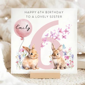 Carte personnalisée 6e anniversaire de soeur, carte 6e anniversaire lapin et papillon, soeur personnalisée fête ses six ans, carte soeur fête ses 6 ans, sixième cadeau