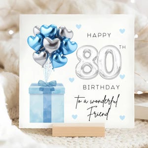 May include: A white card with a blue and silver balloon bouquet, a blue gift box with a white ribbon, and the text "Happy 80th Birthday to a wonderful friend".