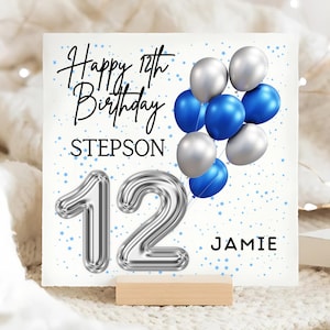 Tarjeta de cumpleaños número 12 con globos para hijastro, tarjeta personalizada para niño de 12 años, tarjeta para hijastro que cumple doce años, tarjeta con globos de aluminio azul, regalo para hijastro