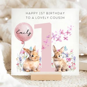 Cousin 1st Birthday Personalised Card, Rabbit & Butterfly 1st Birthday Card, Personalised Cousin Turns One, Cousin First Birthday Pink Card