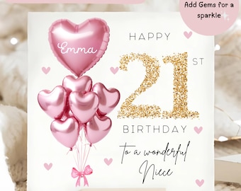 Niece 21st Birthday Personalised Card, Pink Gold Balloon Card, Niece is 21, Twenty-First Birthday Gift, Niece 21st Birthday Card
