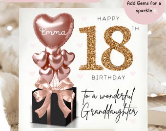 Kleindochter 18e edelsteen gepersonaliseerde verjaardagskaart, diamante roségouden zwarte ballonkaart, kleindochter is 18, cadeau achttiende verjaardag