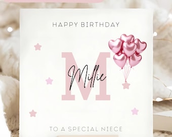 姪のイニシャル入り誕生日カード、姪の名入れ誕生日カード、姪の名前入り誕生日カード、姪のピンクのカード、かわいい姪のバルーンカード
