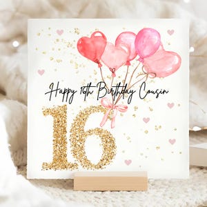 Cousin 16th Pink Balloon Birthday Card, Personalised Cousin 16 Birthday Card, Cousin Pink Sixteenth Card, Sweet Sixteen Cousin Gift