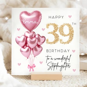 Carte personnalisée de 39e anniversaire de belle-fille, carte ballon en or rose, belle-fille a 39 ans, cadeau de trente-neuvième anniversaire, 39e anniversaire de fille