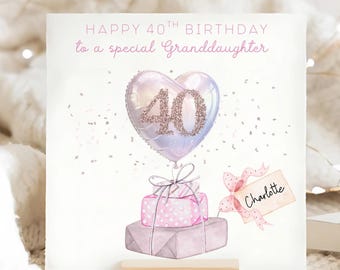 Granddaughter 40th Gems Birthday Shiny Balloon Card, Personalised Granddaughter 40 Card, Granddaughter Fortieth Birthday Gift, Pink Glitter