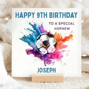 Carte de football 9e anniversaire neveu, carte d'anniversaire personnalisée neveu a 9 ans, carte colorée neuvième football neveu, carte spéciale neveu