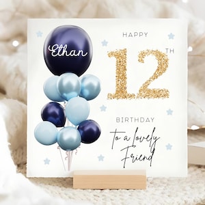 Carte personnalisée 12e anniversaire d'un ami, carte ballon en or bleu, un ami a 12 ans, cadeau de douzième anniversaire, carte douzième ami, belle amie