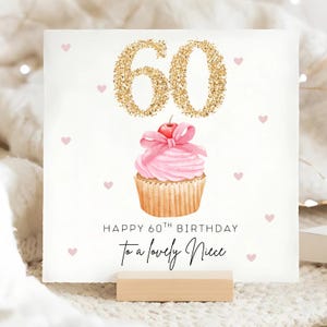 Carte de cupcake pour les 60 ans de la nièce, carte spéciale des 60 ans nièce, soixantième anniversaire de la nièce, carte des 60 ans personnalisée, cadeau pour les 60 ans de la nièce