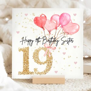 Carte d'anniversaire ballon rose soeur 19e, carte d'anniversaire soeur 19e personnalisée, soeur dix-neuvième, cadeau d'anniversaire soeur 19e, soeur a 19 ans