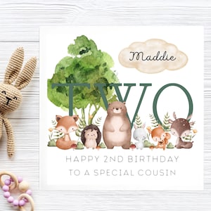 Cousin 2nd Birthday Woodland Animal Card, Personalised Cousin Two Card, Cousin Second Birthday Card, Cousin Animal 2, Lovely Cousin Card