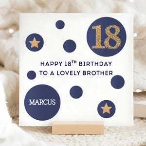 Tarjeta de cumpleaños azul y dorada para hermano, tarjeta personalizada para hermano, tarjeta para su decimoctavo cumpleaños, regalo para hermano que cumple 18 años