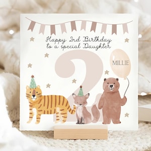 2e carte d'anniversaire de fille de tigre, renard et ours, deuxième carte d'anniversaire de fille de bébé, carte personnalisée de fille de 2 ans, anniversaire de bébé fille