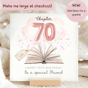 Puede incluir: Tarjeta de cumpleaños con el texto "Chapter 70" en fuente de globo oro rosa. La tarjeta presenta una ilustración de libro abierto, confeti y el texto "Happy 70th Birthday to a special Friend". Una etiqueta dice "LIZ".