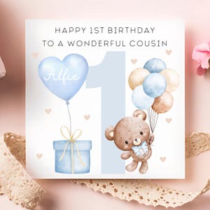 Cousin 1st Birthday Blue Bear Card, Personalised Cousin 1st Birthday, Cousin First Birthday Gift, Cousin Turns 1, Cousin Is One Year Gift