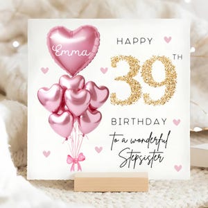 Carte personnalisée de 39e anniversaire de belle-soeur, carte ballon en or rose, belle-soeur a 39 ans, cadeau de trente-neuvième anniversaire, carte d'anniversaire de 39e soeur