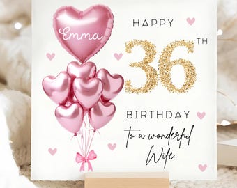 Wife 36th Birthday Personalised Card, Pink Gold Balloon Card, Wife is 36, Thirty-Sixth Birthday Gift, Wifey 36th Birthday Card