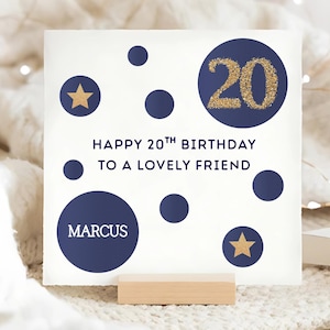 Carte d'anniversaire bleu et or pour ami 20 ans, carte d'anniversaire personnalisée pour ami de 20 ans, carte de 20 ans ami de sexe masculin, carte d'ami a vingt ans