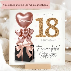 Tarjeta personalizada para el 18.º cumpleaños de tu hermanastra, tarjeta con globo negro y oro rosa, regalo para tu decimoctavo cumpleaños, tarjeta para tu hermana.