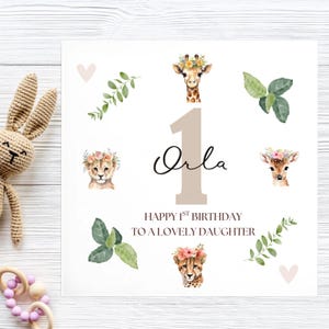 Daughter 1st Animal Birthday Card, Personalised Daughter First Card, Daughter Is 1, Jungle Animal Flower Crown Card, Daughter Turning One