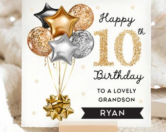 Grandson 10th Birthday Personalised Card, Gold Black Balloon Card, Grandson is 10, Tenth Birthday Gift, Grandson 10th Birthday Card