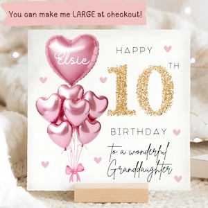 Granddaughter 10th Birthday Personalised Card, Pink Gold Balloon Card, Granddaughter is 10, Tenth Birthday Gift, Granddaughter Ten Card