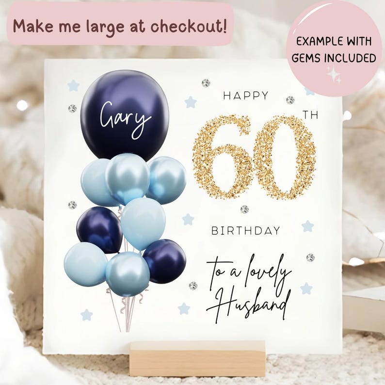 Husband 60th Birthday Personalised Card, Diamante Blue Gold Balloon Card, Husband is 60, Sixtieth Birthday Gift, Husband 60th Card image 2
